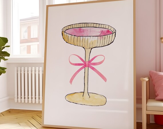 Champagne Coupe Glass Pink Bow Watercolor Coquette Kitchen Bar Print