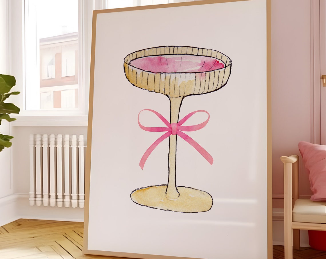 Champagne Coupe Glass Pink Bow Watercolor Coquette Kitchen Bar Print