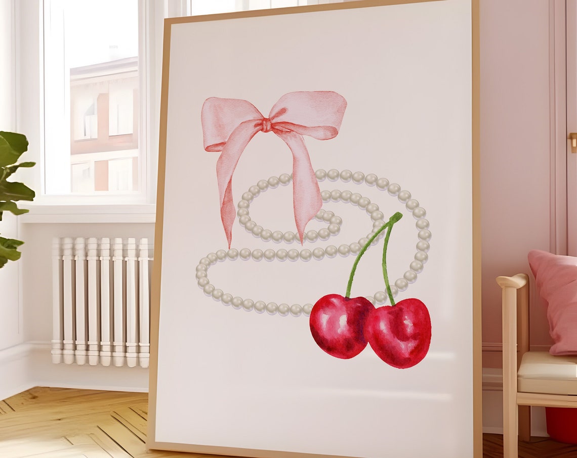 Coquette Pink Bow Pearls And Cherries Watercolor Girly Poster