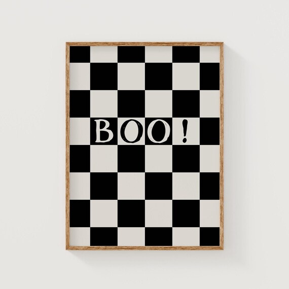 Boo Checkerboard Black White Retro Halloween Typographic Poster