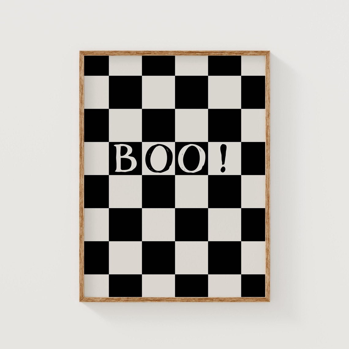 Boo Checkerboard Black White Retro Halloween Typographic Poster