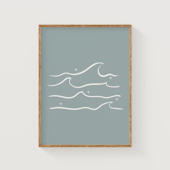 Ocean Wave Line Art Blue Gray Minimalist Coastal Decor Poster