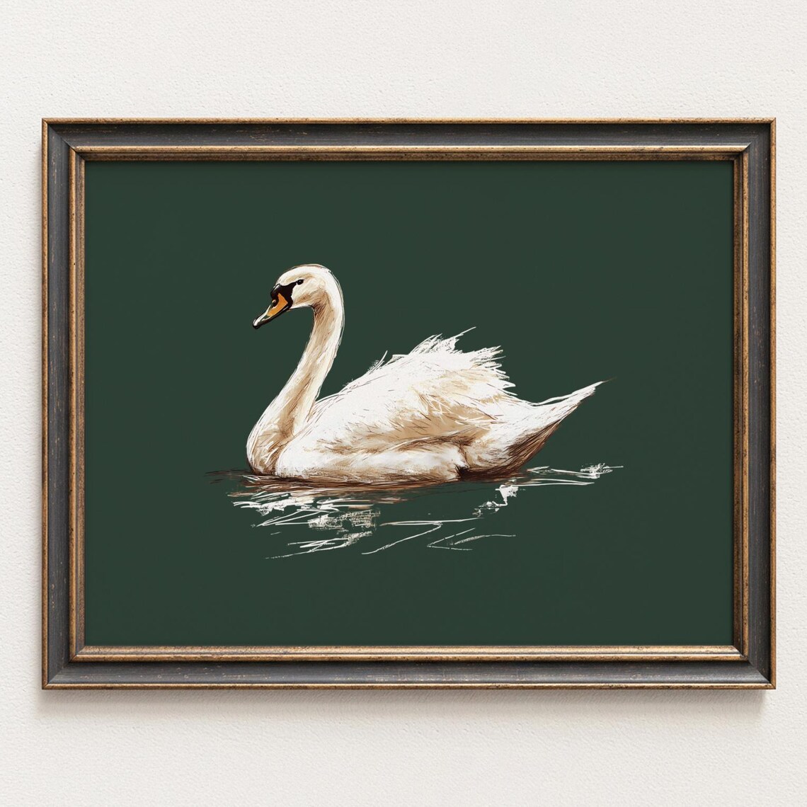 White Swan Gliding On Dark Green Water Elegant Bird Art Poster