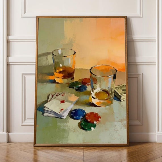 Poker Night Poster With Cards Vintage Minimalist Whiskey Drinks
