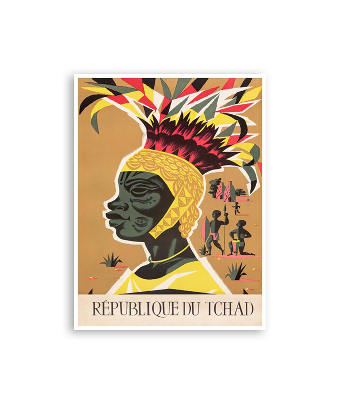 Chad Republic Feather Headdress Portrait Vintage African Travel Poster