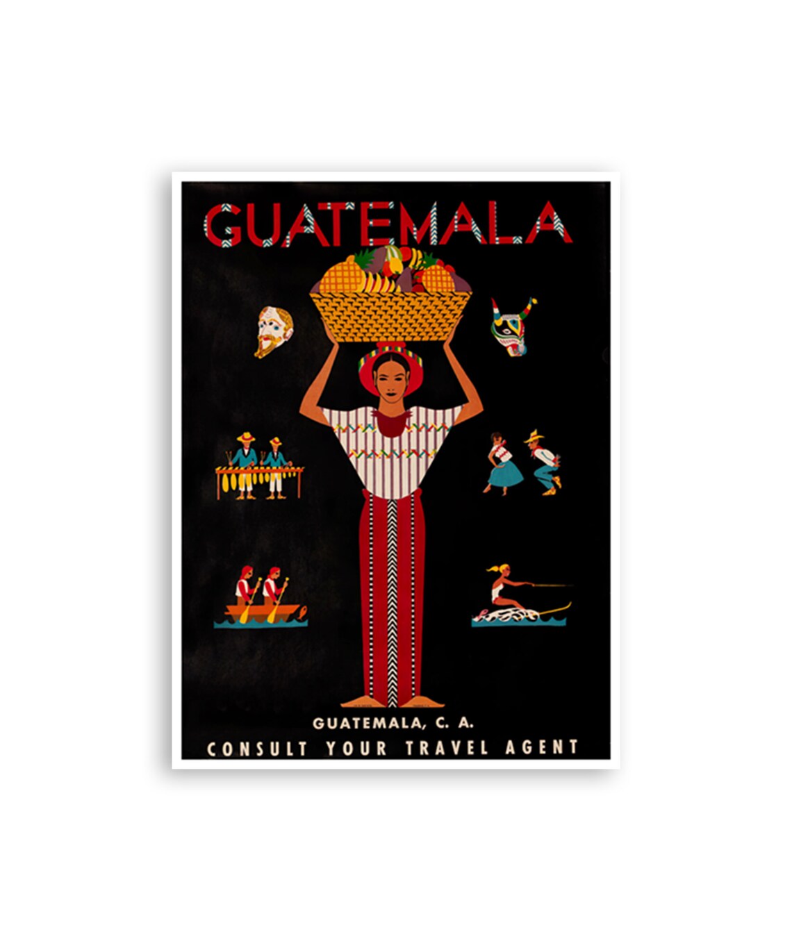 Guatemala Fruit Basket Market Woman Vintage Folk Art Travel Poster