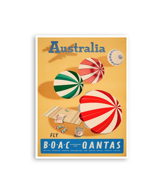 Australia Beach Umbrellas BOAC Qantas Sand Vintage Travel Poster