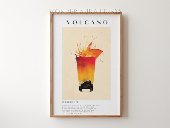 Volcano Cocktail Recipe Tropical Tiki Rum Eruption Bar Cart Poster