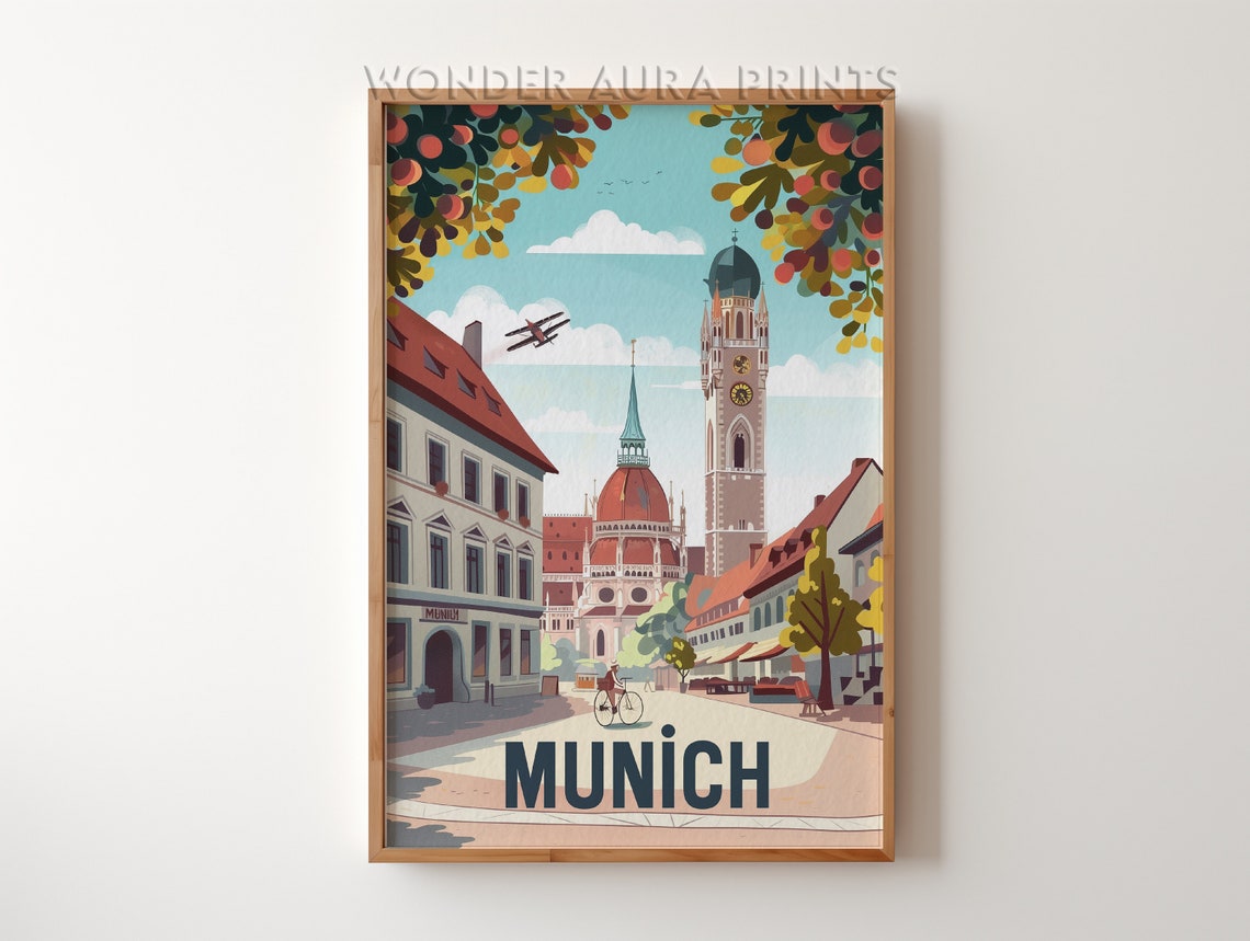 Munich Old Town Clock Tower Cyclist Spring Street Scene Poster