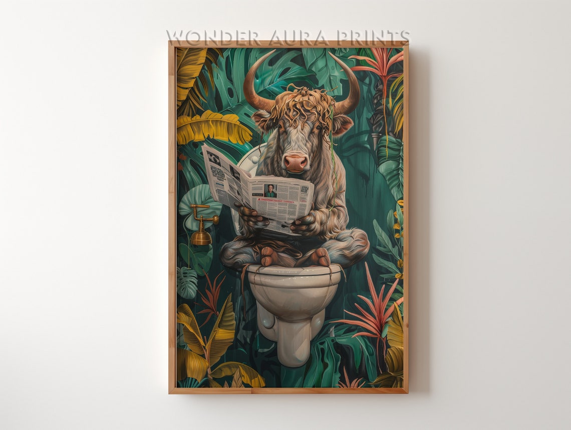 Highland Cow Reading Newspaper on Toilet in Jungle Bathroom Poster