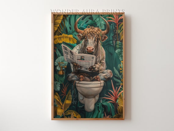 Funny Bathroom Art Ox On Toilet Dopamine Decor Maximalist Print Jungle Wall Wonder Aura Prints