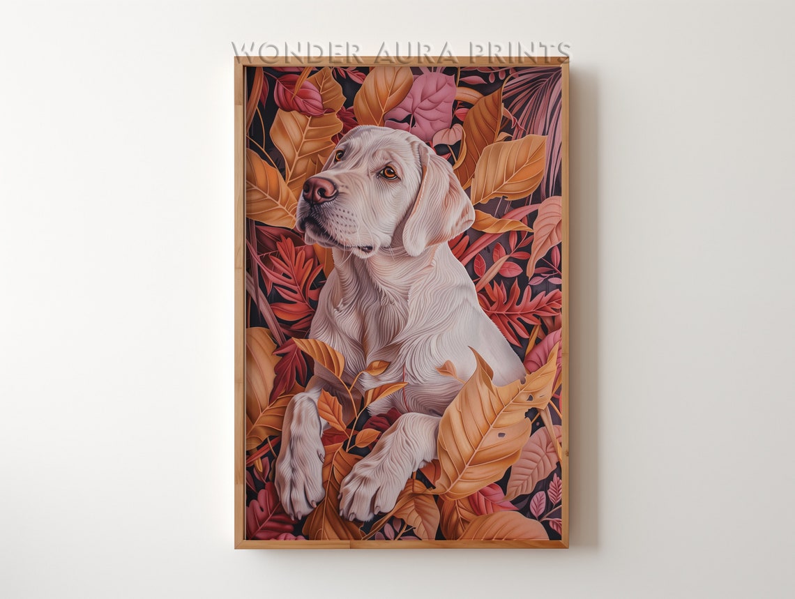 White Labrador Dog in Autumn Jungle Leaves Maximalist Poster