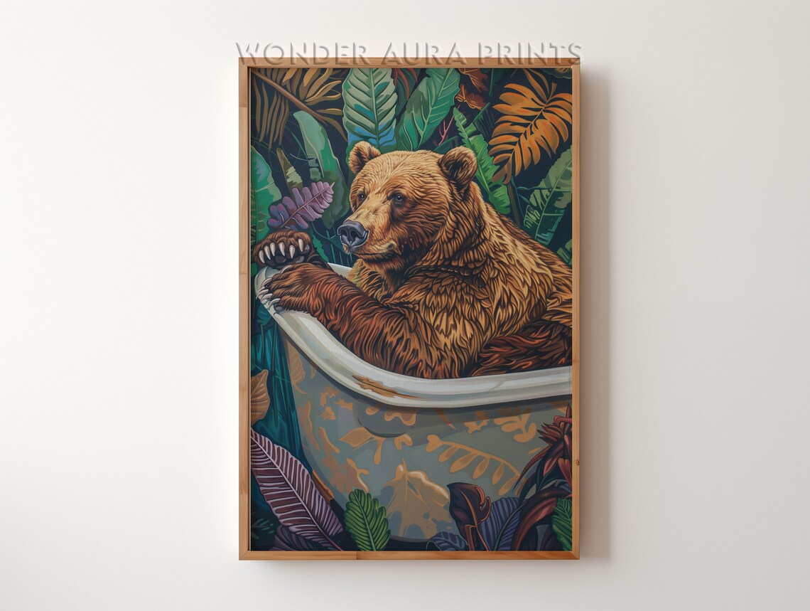 Grizzly Bear In From Bathtub Maximalist Bathroom Decor Dopamine Jungle Wall Wonder Aura Prints