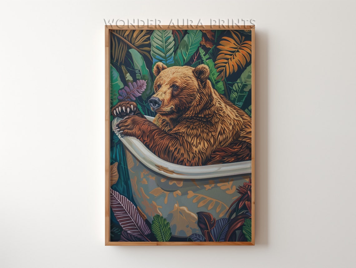 Grizzly Bear Relaxing in a Bathtub Jungle Leaves Funny Poster