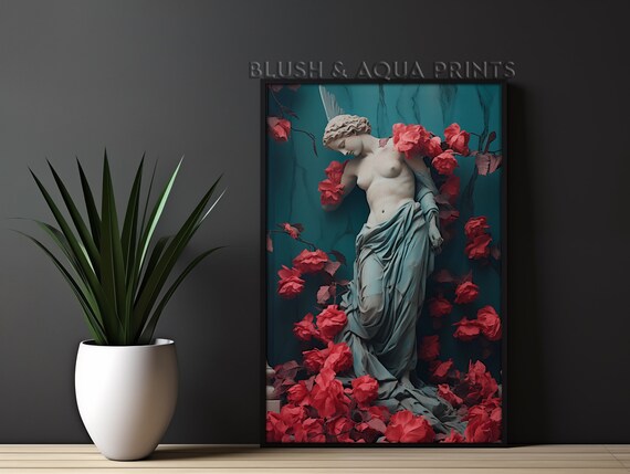 Venus Goddess Statue Among Red Roses Classical Mythology Art Print