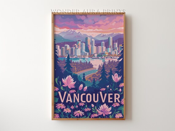 Vancouver Skyline Sunset Over Mountains Floral Travel Poster