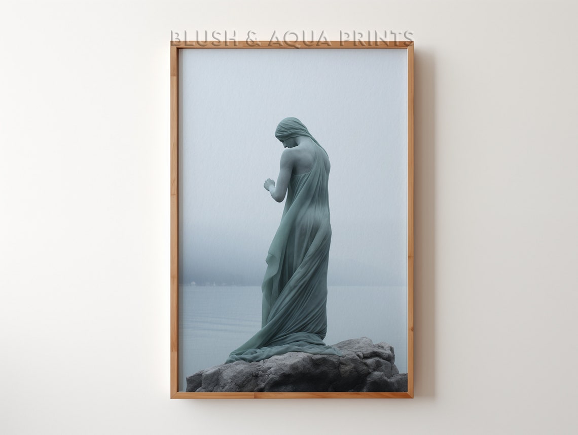 Weeping Angel Statue Standing On Rock By Misty Water Art Poster