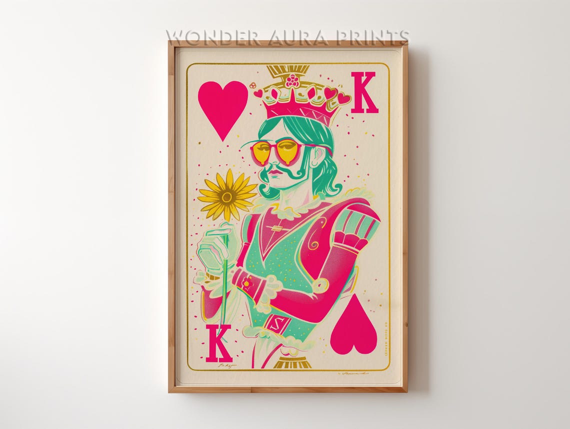 King Of Hearts Pop Art King Playing Card Neon Maximalist Wall Art