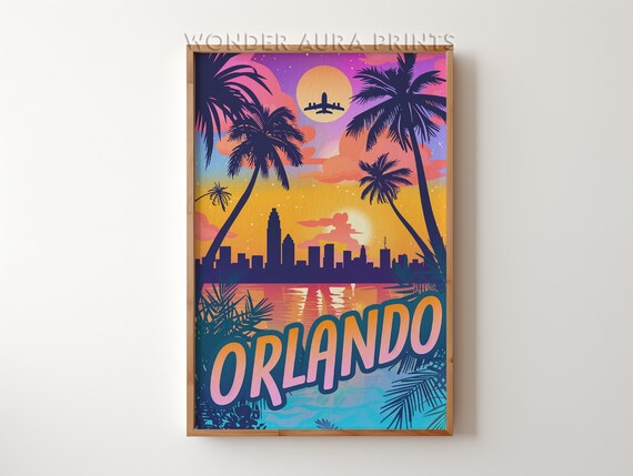 Orlando Sunset Palm Trees Skyline Silhouette With Airplane Poster