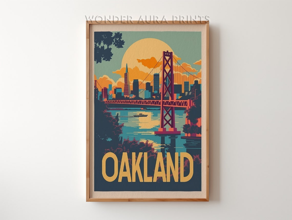 Oakland California Sunset Skyline Bridge Retro Travel Poster