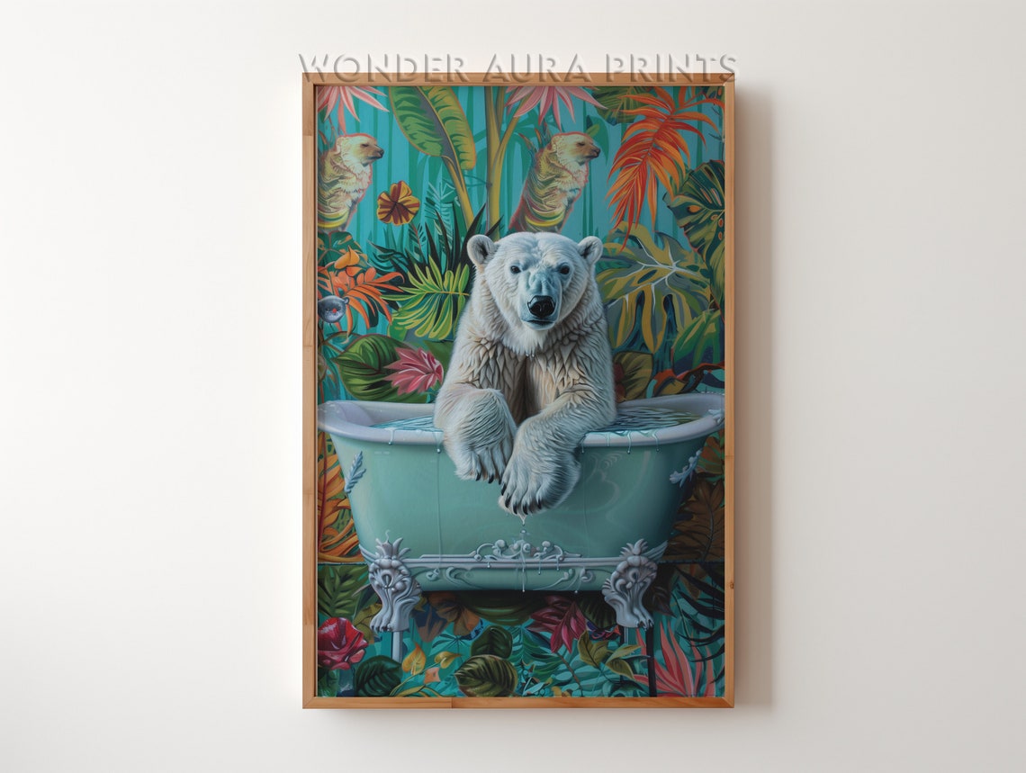 Polar Bear In Bathtub Tropical Jungle Parrots Maximalist Wall Art