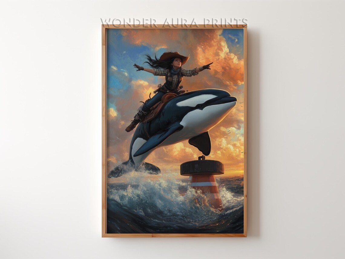 Cowgirl Riding An Orca Whale Illustrated Fantasy Sunset Ocean Wall Art