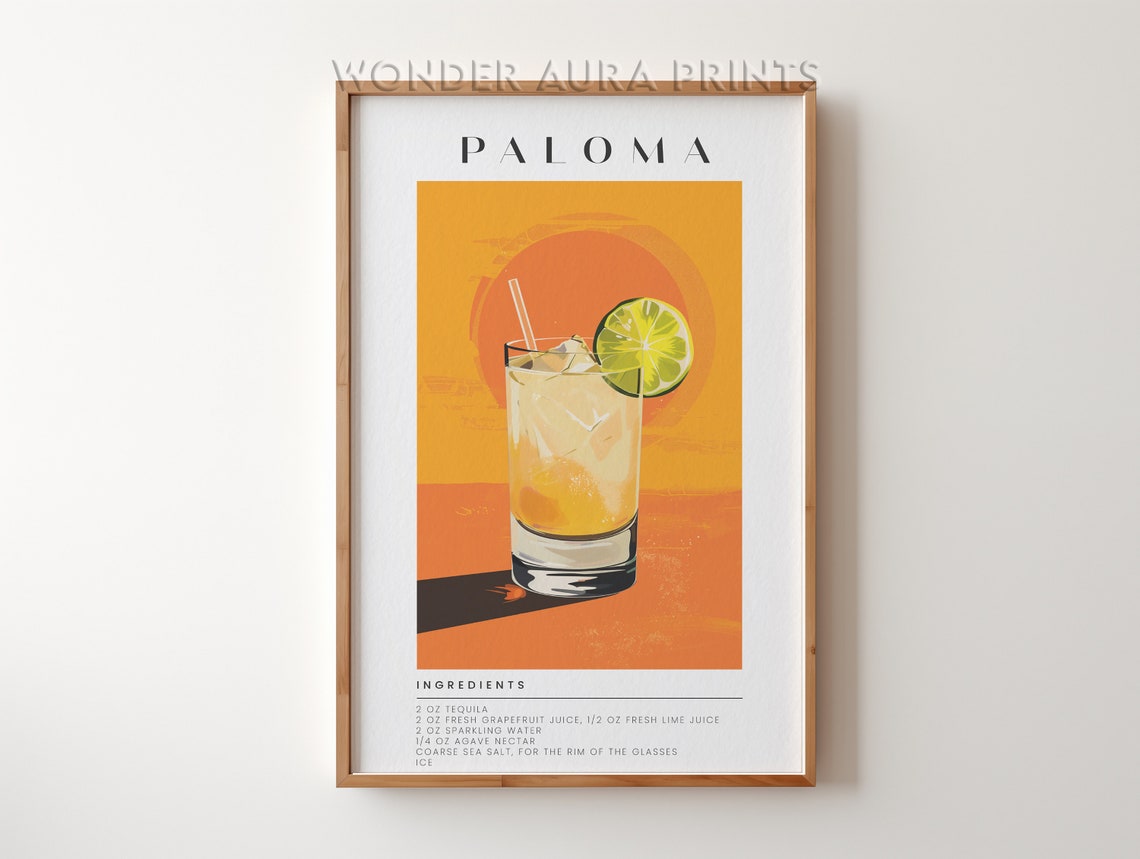 Paloma Cocktail Recipe Ingredients Retro Orange Sunset Bar Print