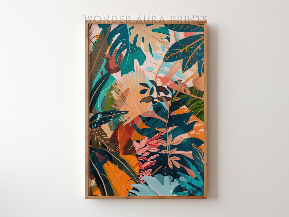 Colorful Abstract Tropical Leaves Maximalist Botanical Art Poster