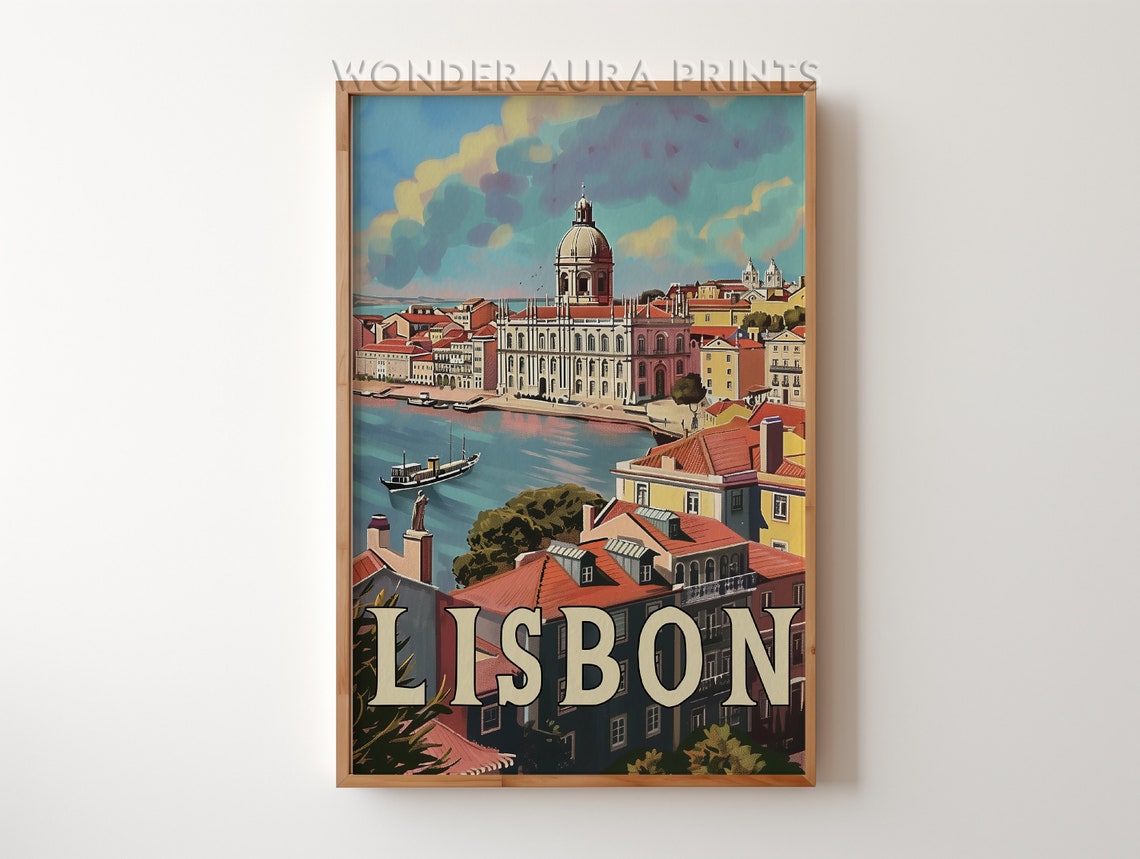 Lisbon Riverfront Rooftops Domed Landmark Vintage Travel Poster