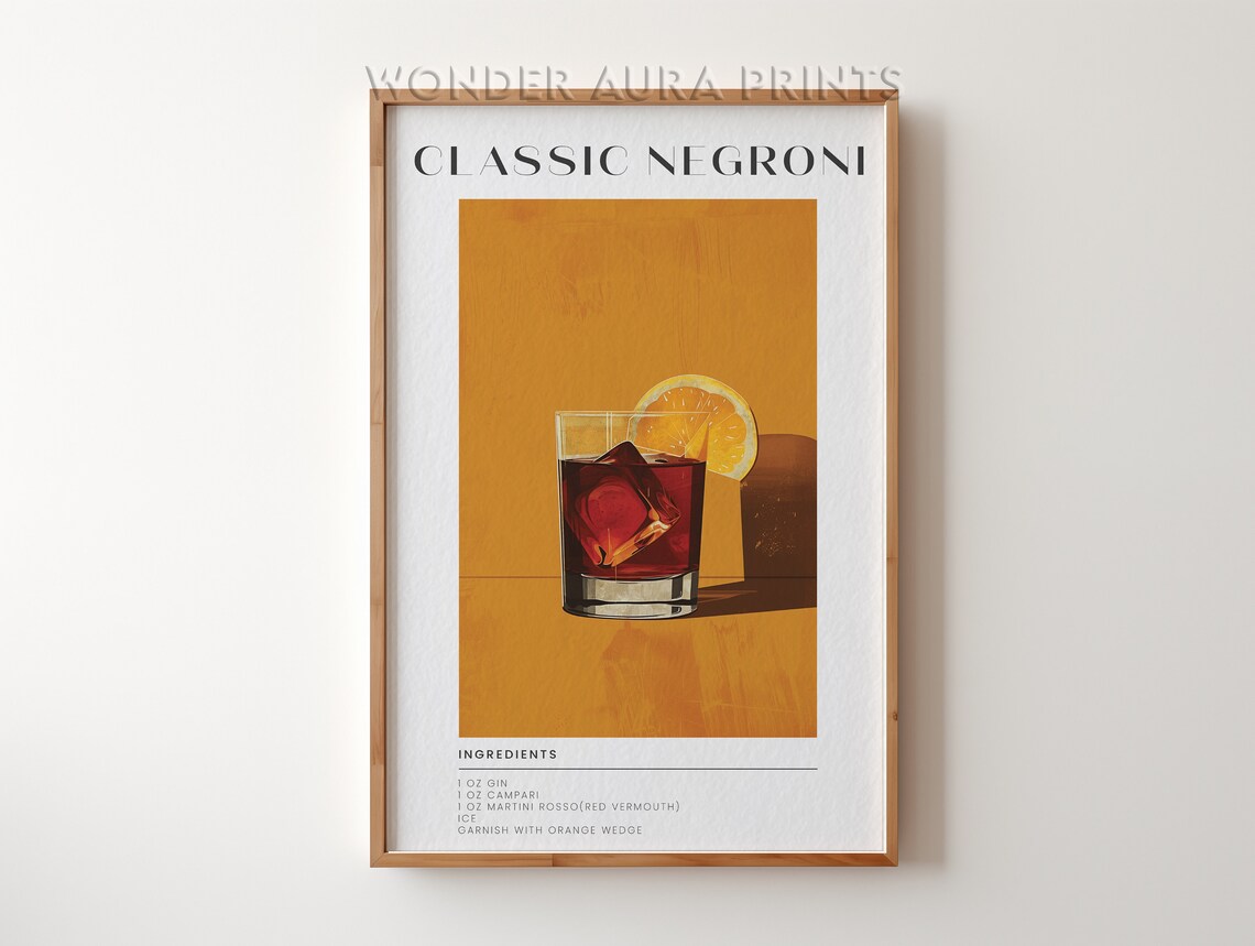 Classic Negroni Cocktail Recipe Amber Orange Home Bar Cart Print