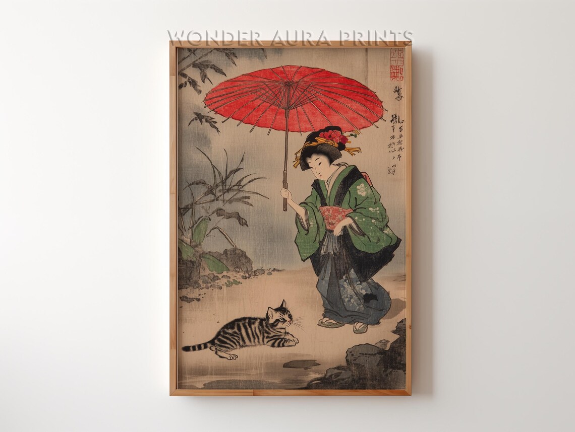 Geisha with Red Umbrella and Cat Japanese Vintage Woodblock Art Poster