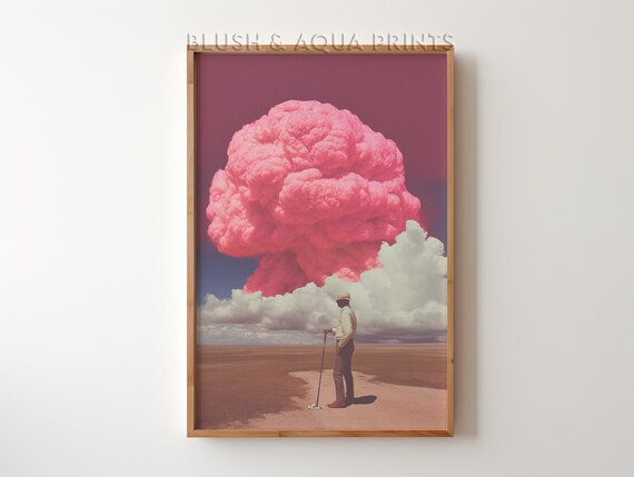 Surreal Dreamy Golfer Giant Pink Cloud Desert Retro Art Poster
