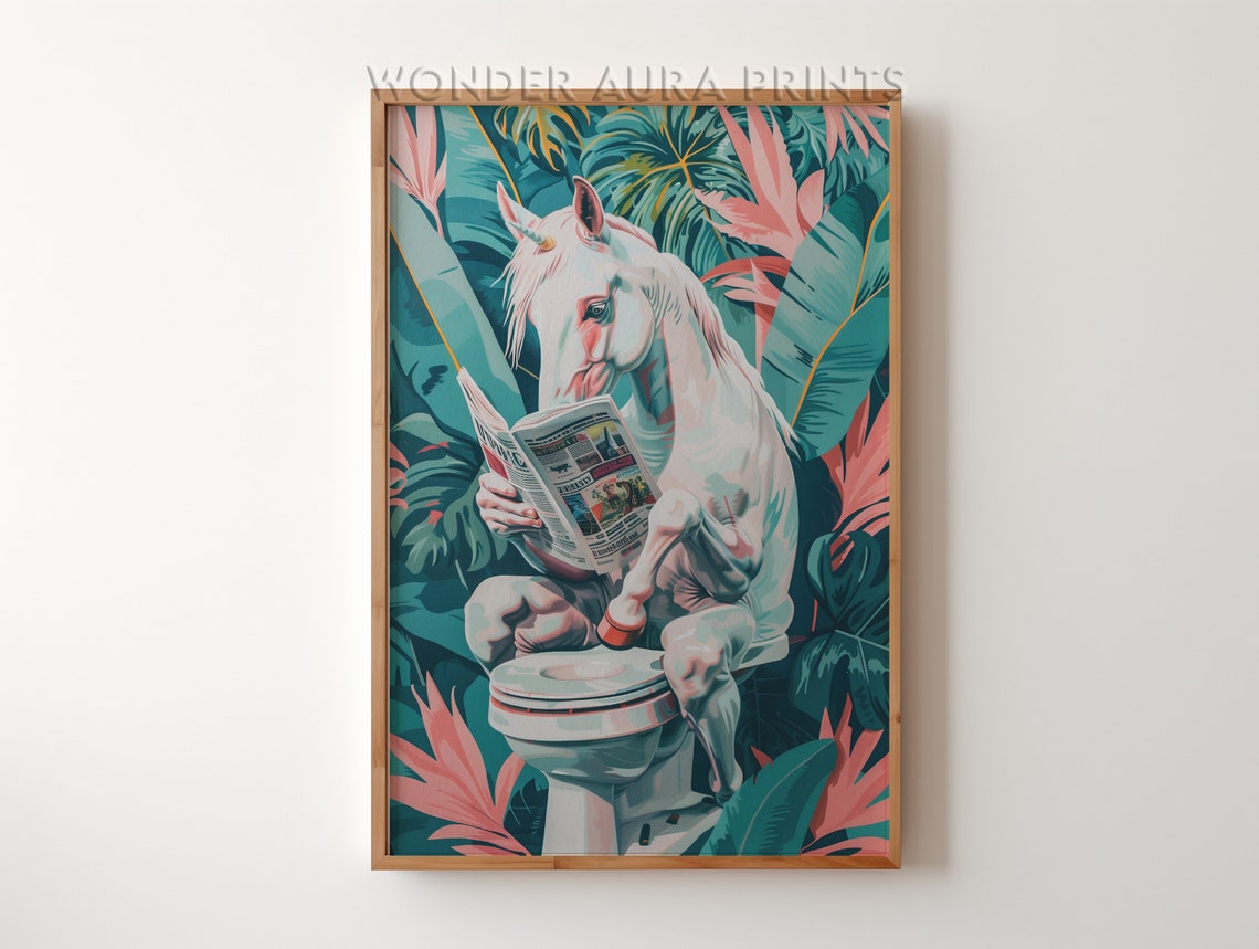 White Horse on Toilet Reading Newspaper Funny Jungle Bathroom Print