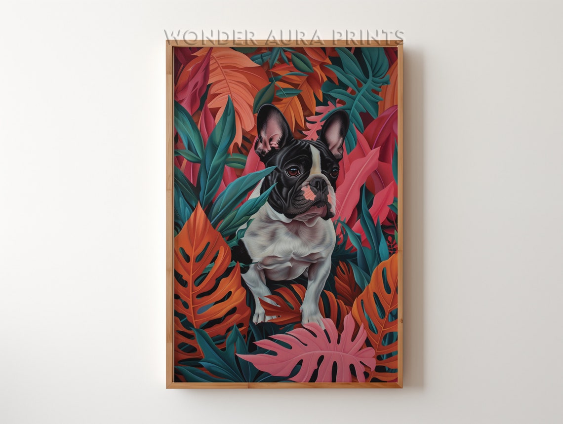 French Bulldog Standing in Tropical Jungle Leaves Maximalist Poster