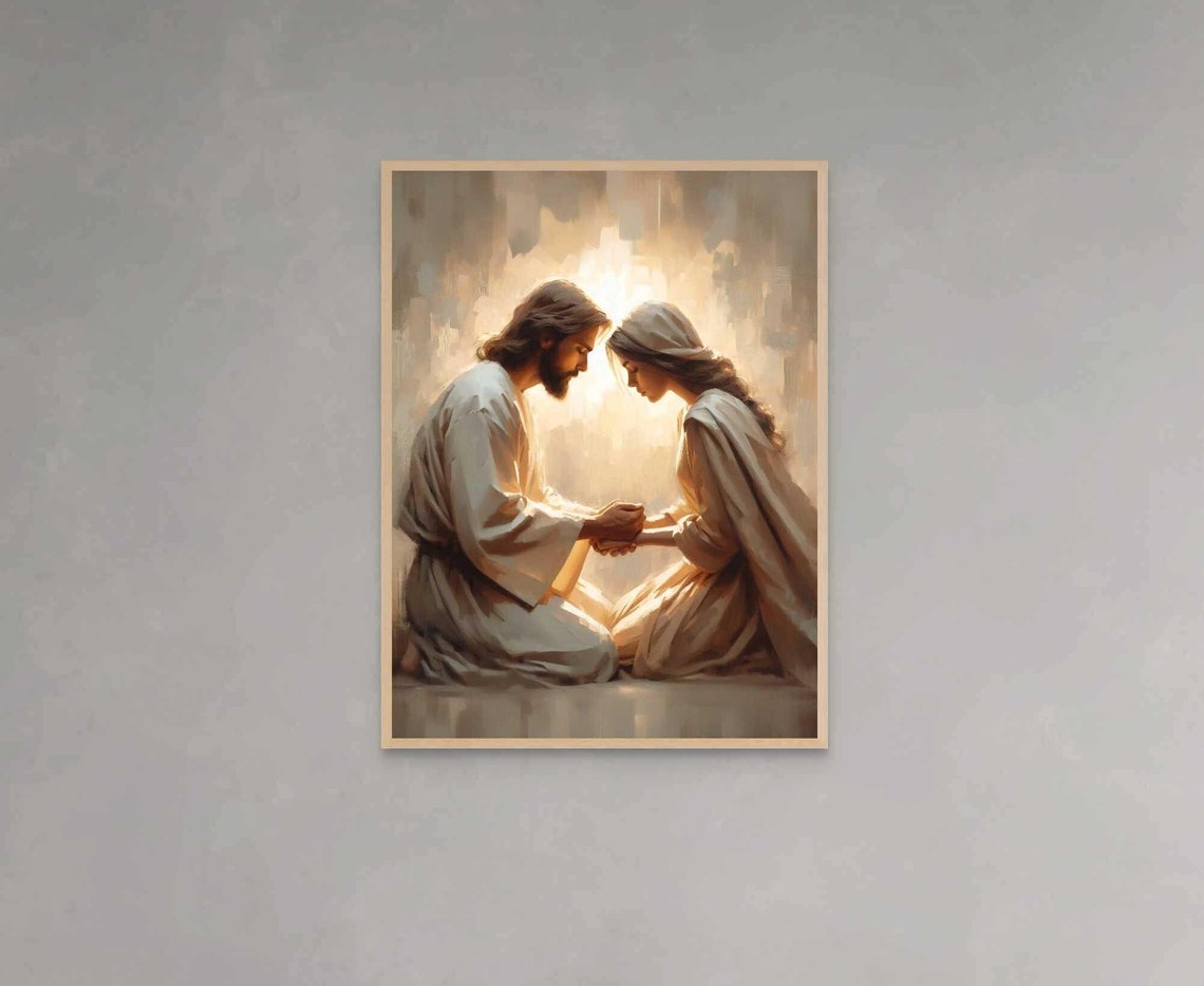 Jesus and Woman Kneeling Together in Prayer Warm Light Poster
