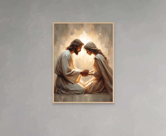Jesus and Woman Kneeling Together in Prayer Warm Light Poster
