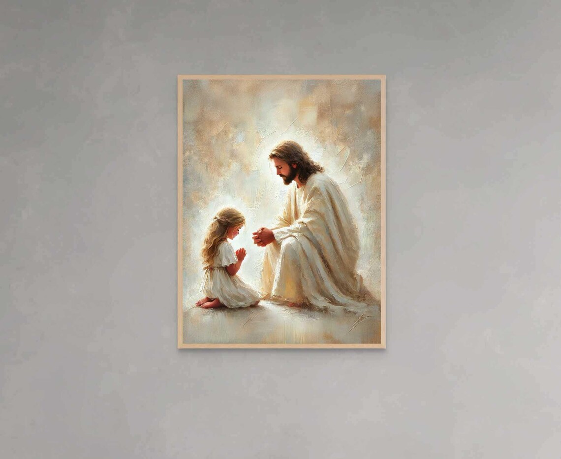 Jesus and Young Girl in Prayer Soft Radiant Light Art Poster