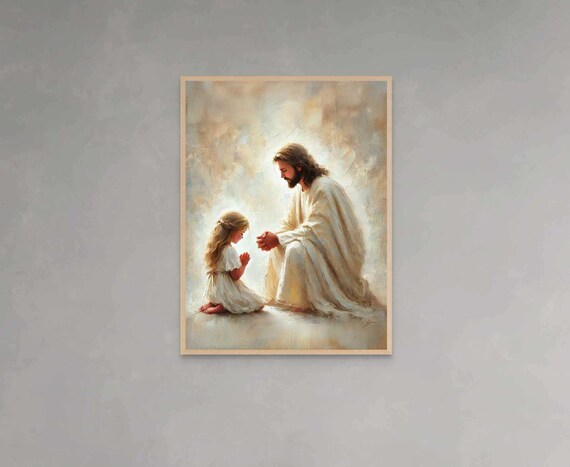 Jesus and Young Girl in Prayer Soft Radiant Light Art Poster