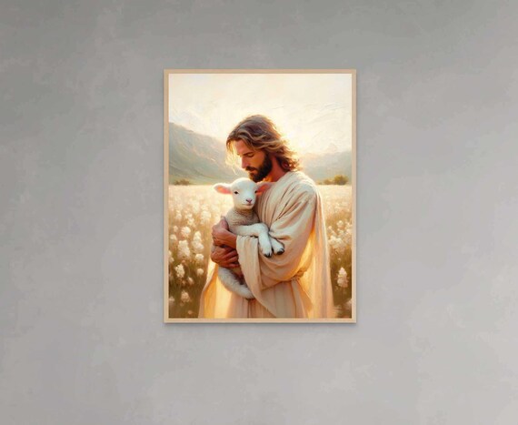 Jesus Holding Lamb in White Wildflower Meadow Hills Art Poster
