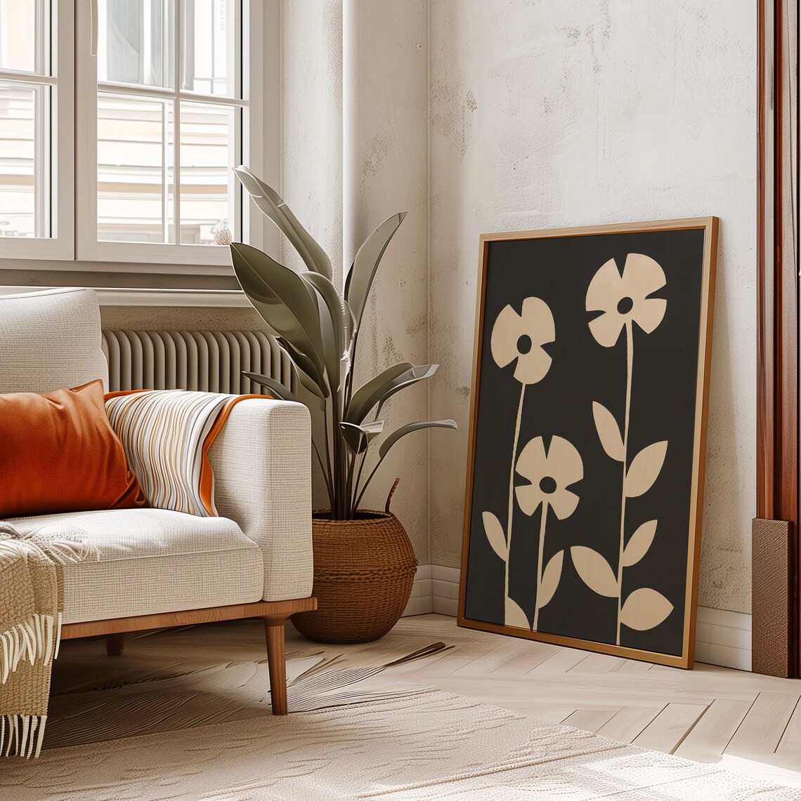 Beige Flowers Black Background Mid Century Modern Floral Poster - Image 2