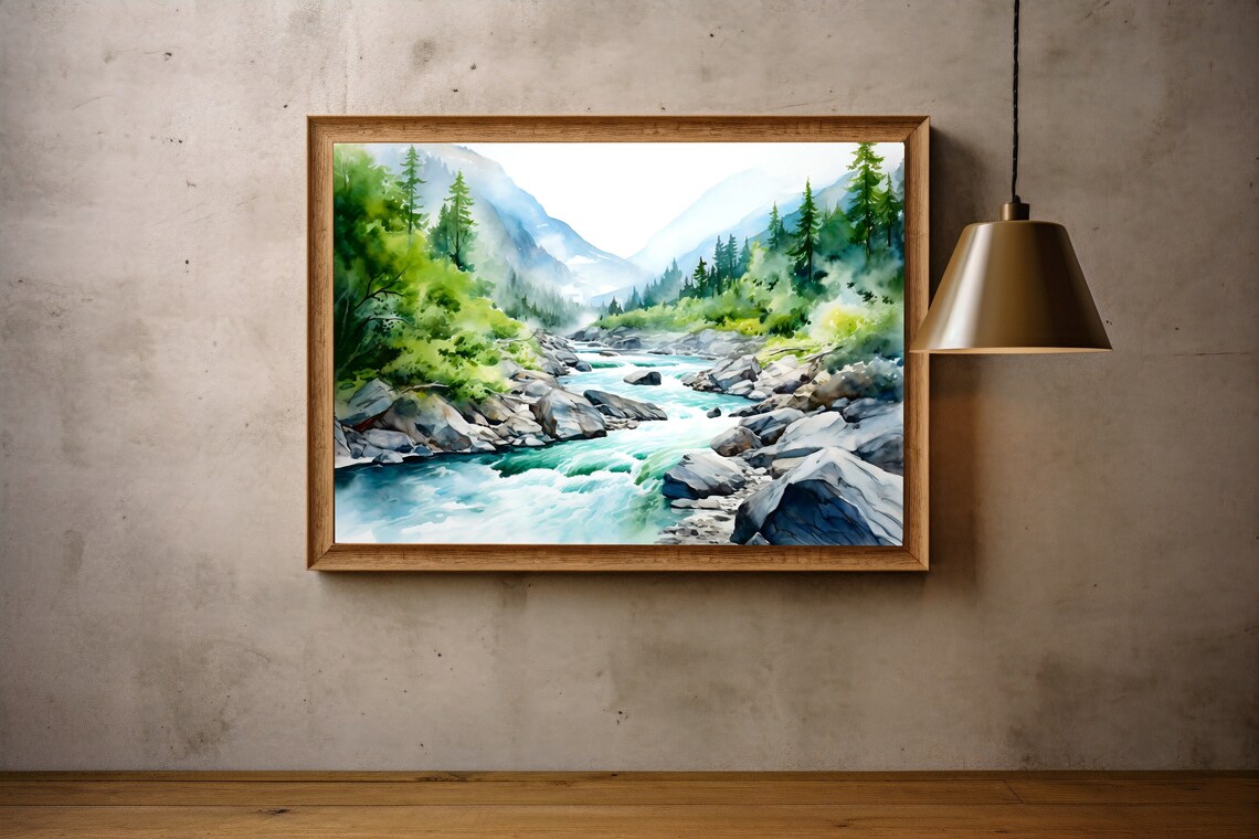 Mountain River Watercolor Landscape, Minimalist Art Print - Image 3
