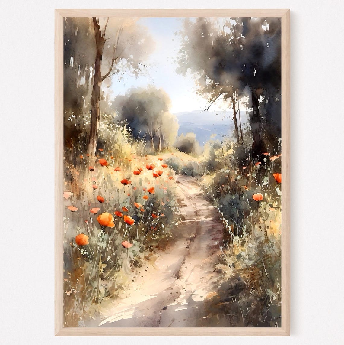 Poppy Field Path Through Woods Watercolor Nature Art Scene Poster