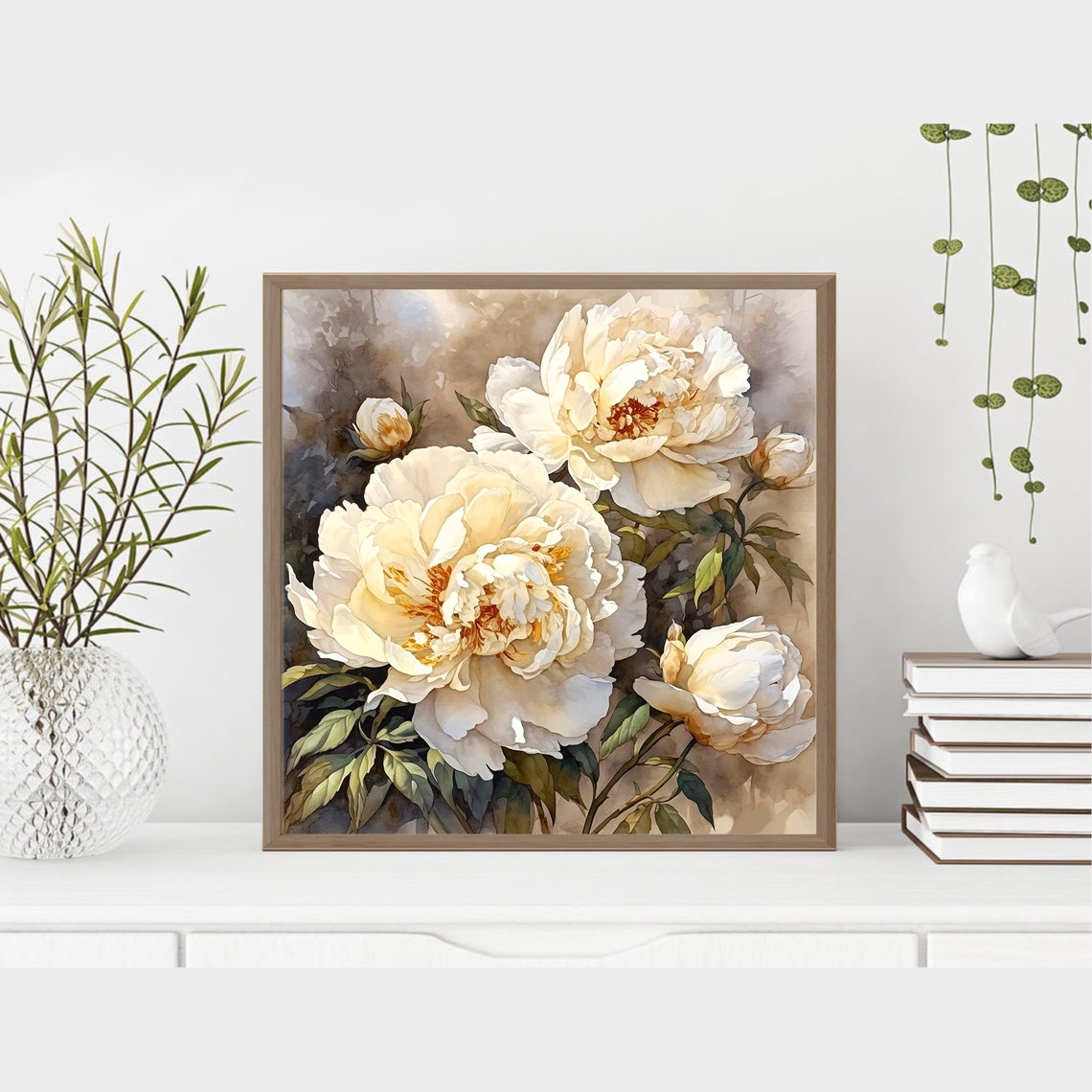 Ivory White Peonies Watercolor Elegant Floral Botanical Art Print - Image 5