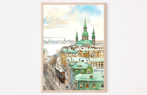 Helsinki Finland Harbor City Green Domes Tram Watercolor Poster