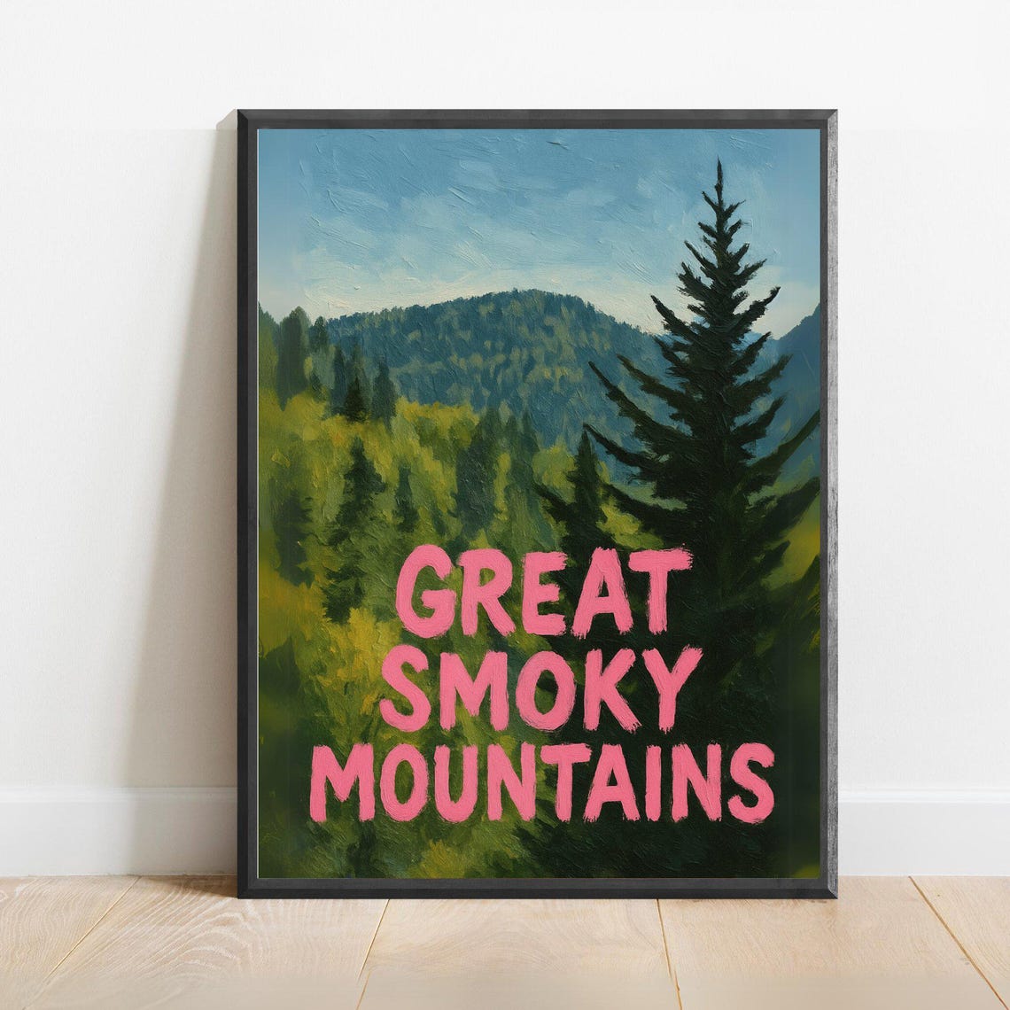 Great Smoky Mountains Pine Forest Pink Text National Park Poster