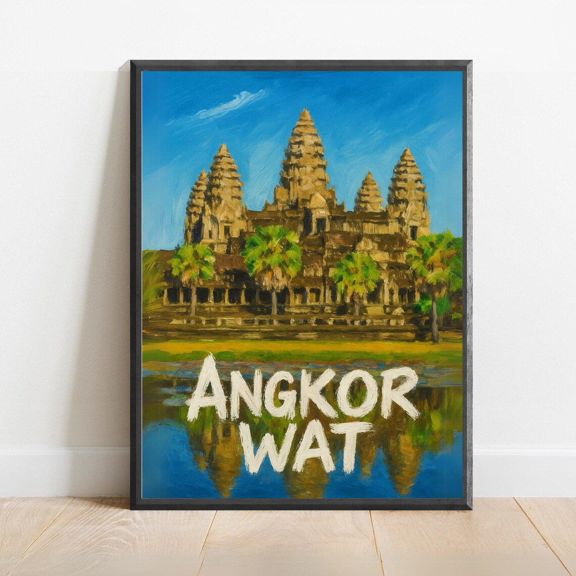 Angkor Wat Cambodia Temple Reflection Bold Text Vintage Travel Poster