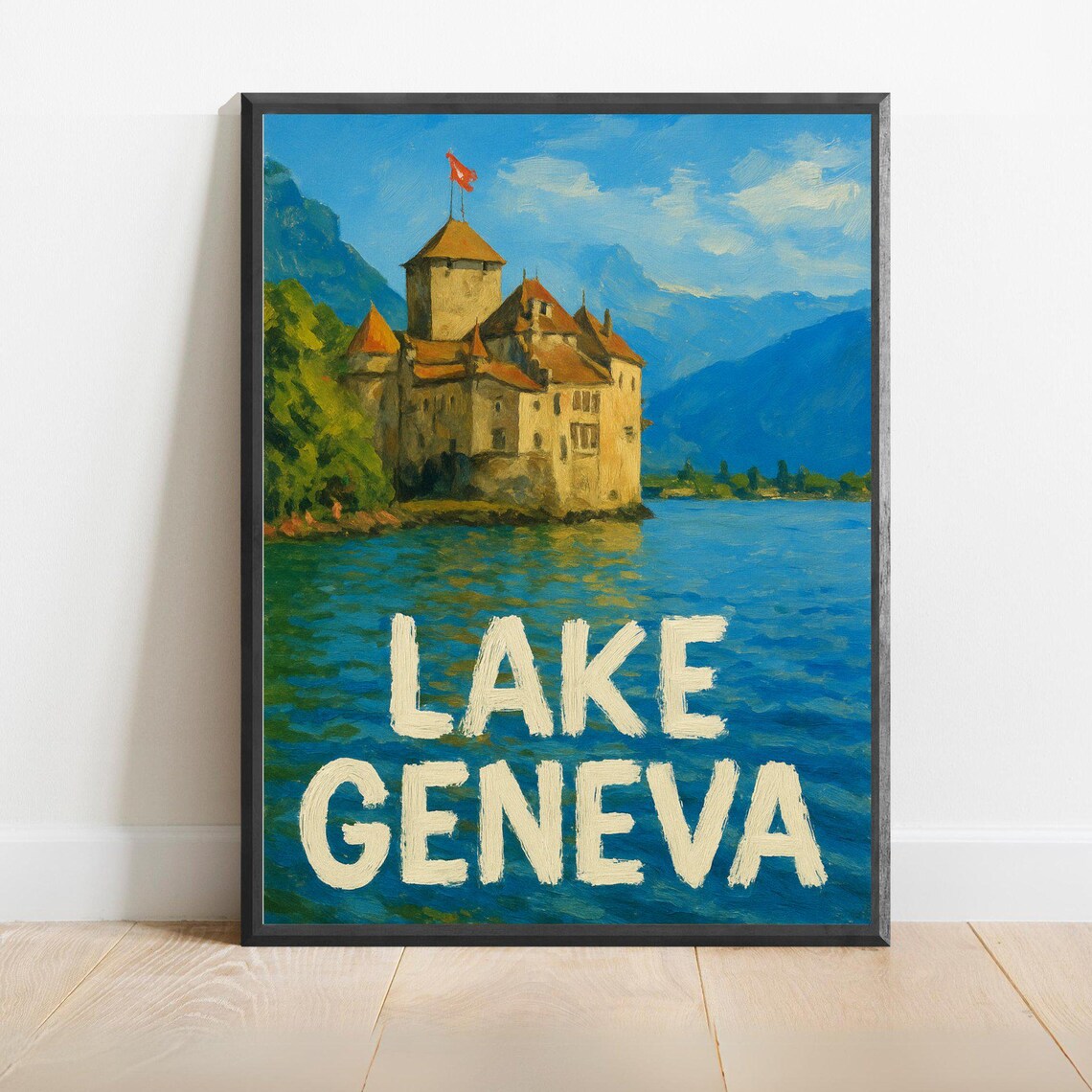 Lake Geneva Chillon Castle Swiss Alps Lakeside Travel Poster