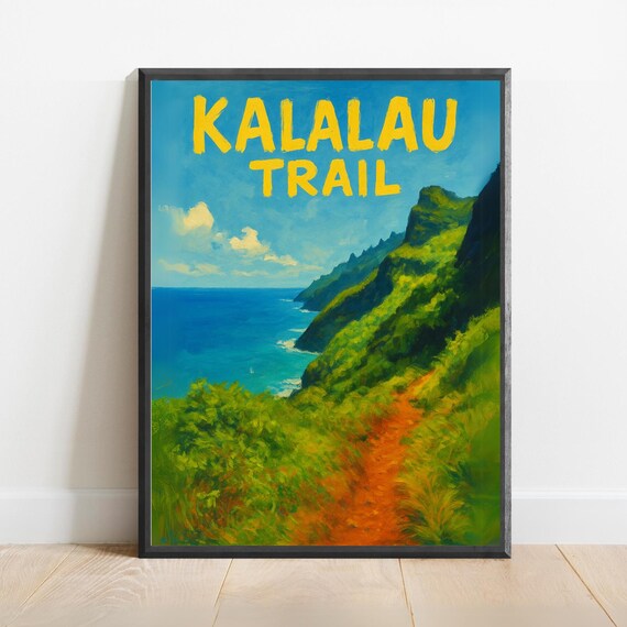Kalalau Trail Na Pali Coast Hiking Watercolor Travel Poster Kauai Hawaii Nature Art