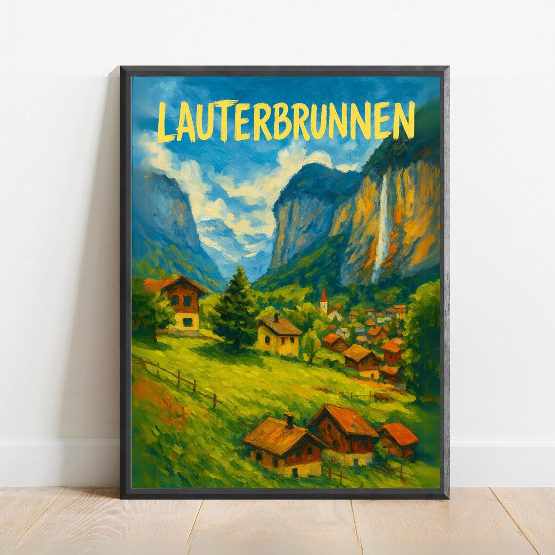 Lauterbrunnen Swiss Alpine Village Waterfall Valley Travel Poster