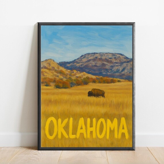Oklahoma Prairie Bison Golden Grassland Vintage Travel Poster
